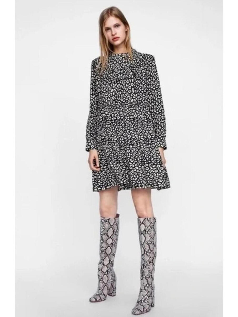 ZARA Woman Mini Tiered Dress Women's Medium Animal Print Black/Ivory Coastal New